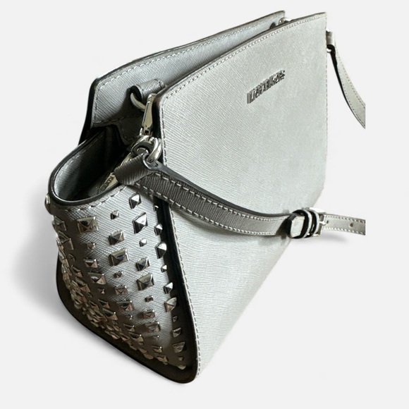 Michael Kors Silver Studded Saffiano Leather Crossbody | Chic & Edgy Glam - Picture 4 of 15